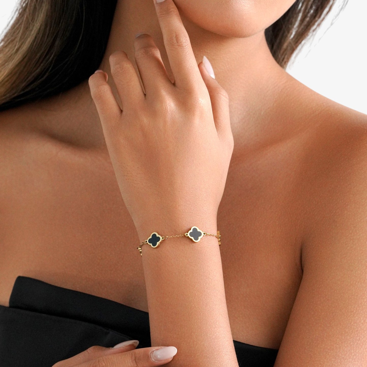 5 Clover Black Stone Bracelet