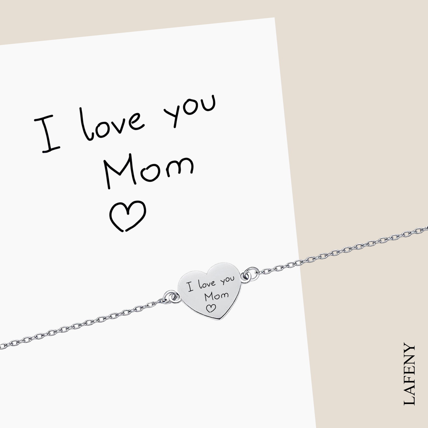 Silver bracelet with 'I Love You Mom' heart charm handwritten and engraved by LAFENY.