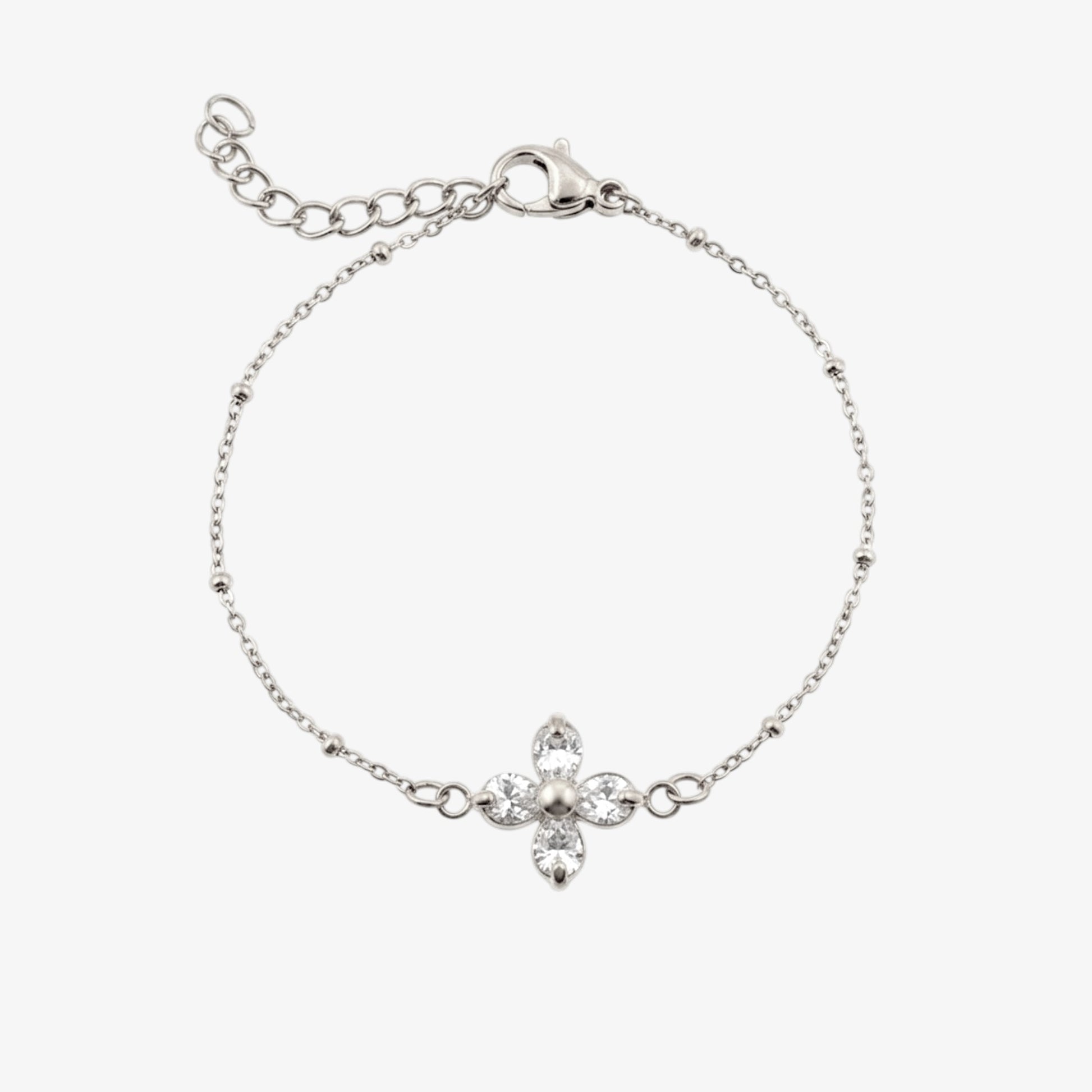 Bloom bracelet – silver beaded bracelet with crystal flower charm, stainless steel, waterproof – LAFENY