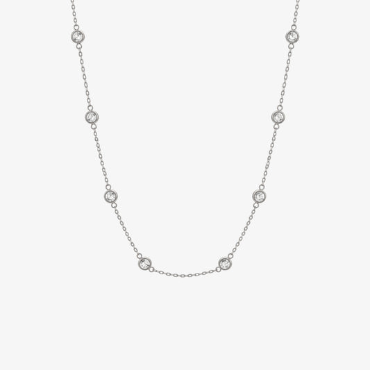 Silver Crystal Station Necklace with bezel-set round crystals on a delicate stainless steel chain | LAFENY