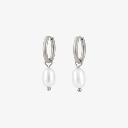 Pearl Hoop Earrings Silver — waterproof stainless steel womens earrings | LAFENY