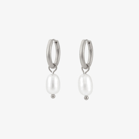 Pearl Hoop Earrings Silver — waterproof stainless steel womens earrings | LAFENY